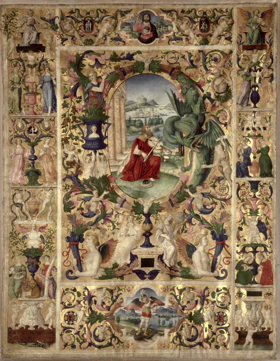 Historisierte Initiale B, die König David zeigt, der eine Viola spielt von Italian School