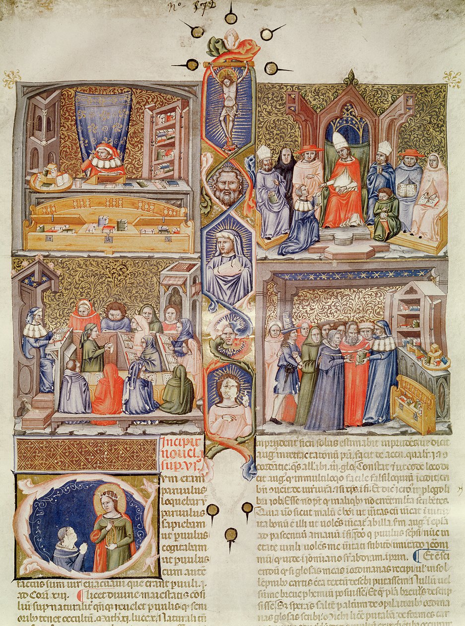 Illumination in vier Szenen unterteilt: Ein Jurist an seinem Tisch; Ein Papst, dem ein Buch angeboten wird; Eine Lektion in einem Juristenkollegium; Eine Buchhandlung, mit einem historisierten Kapital mit St. Katharina und einem Or von Italian School