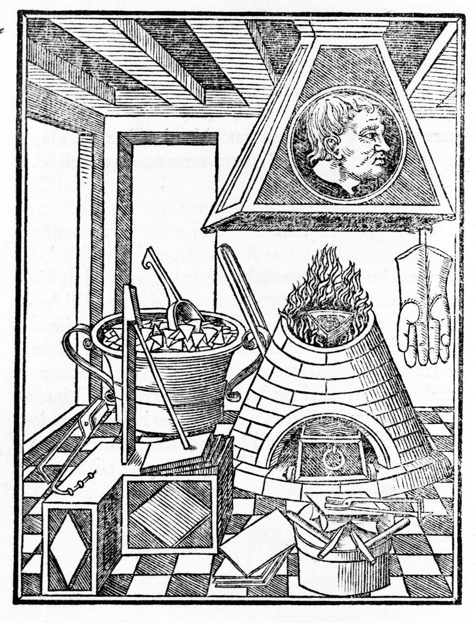 Innenansicht einer Metallurgie-Werkstatt. Gravur aus „Voarchadumia contra alchimiam ars distincta ab archimia et sophia..“ von Giovanni Agostino Pantheo (1517-1535) von Italian School