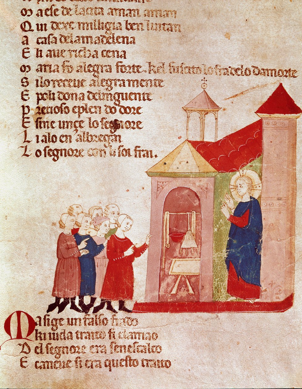 Jesus bei Maria Magdalena Miniatur aus „Del novo e del vedre testamento“ von Pietro da Barsegape (13. Jahrhundert) 14. Jahrhundert Mailand, Biblioteca Braidense von Italian School