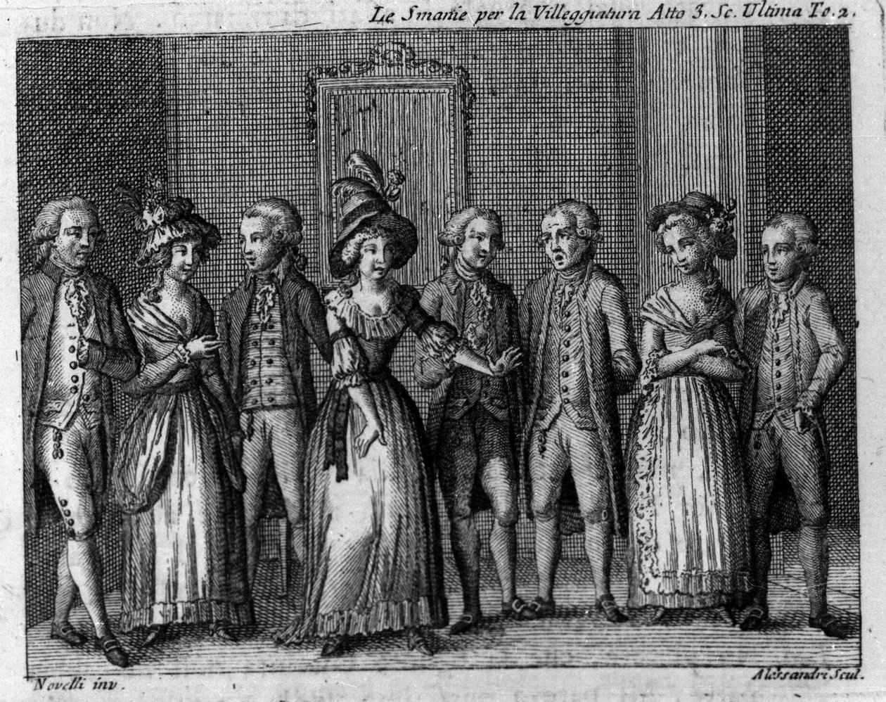 Letzte Szene des dritten Akts des Lustspiels „Le smanie per la villeggiatura“ (Die Stadt) (1761) von Carlo Goldoni (1707-1793). Gravur des 18. Jahrhunderts von Italian School