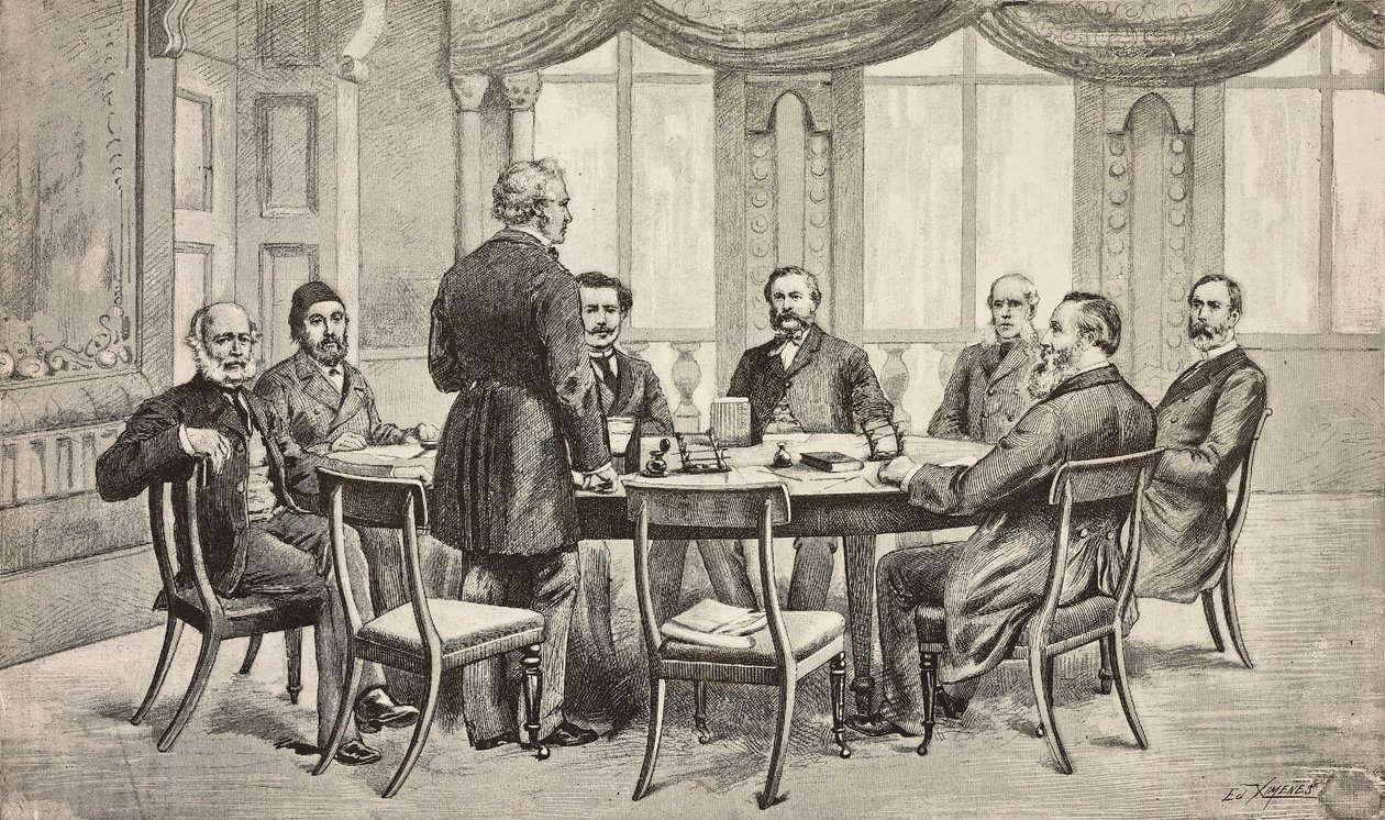 Londoner Konferenz über Ägypten, Vereinigtes Königreich: Graf Munster, Musurus Pascha, Granville (stehend), Graf Nigra, Waddington, De Staal, Childers, Graf Karolyi von Italian School