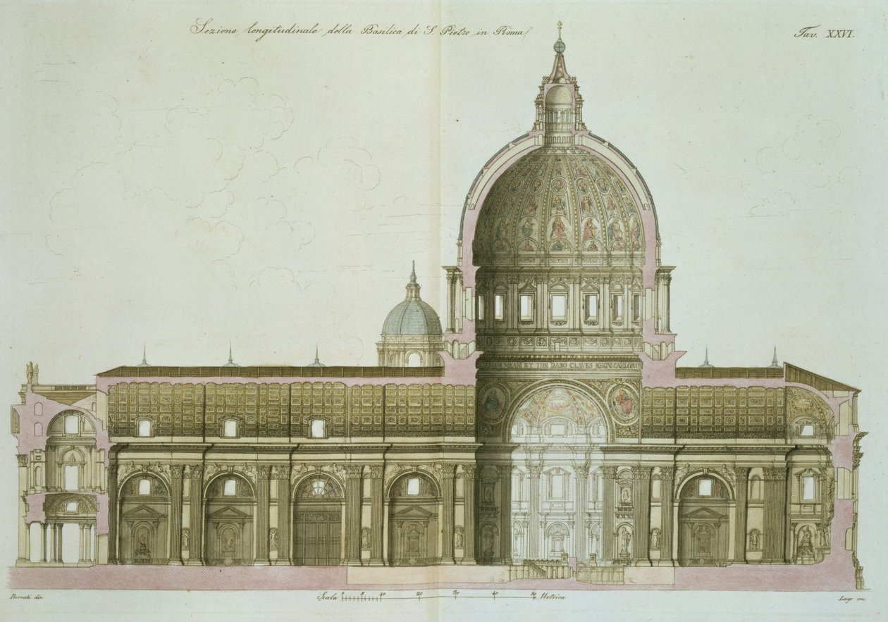 Längsschnitt von St. Peter in Rom, Tafel 26 aus Teil III der Geschichte der Nationen, graviert von G. Lago von Italian School