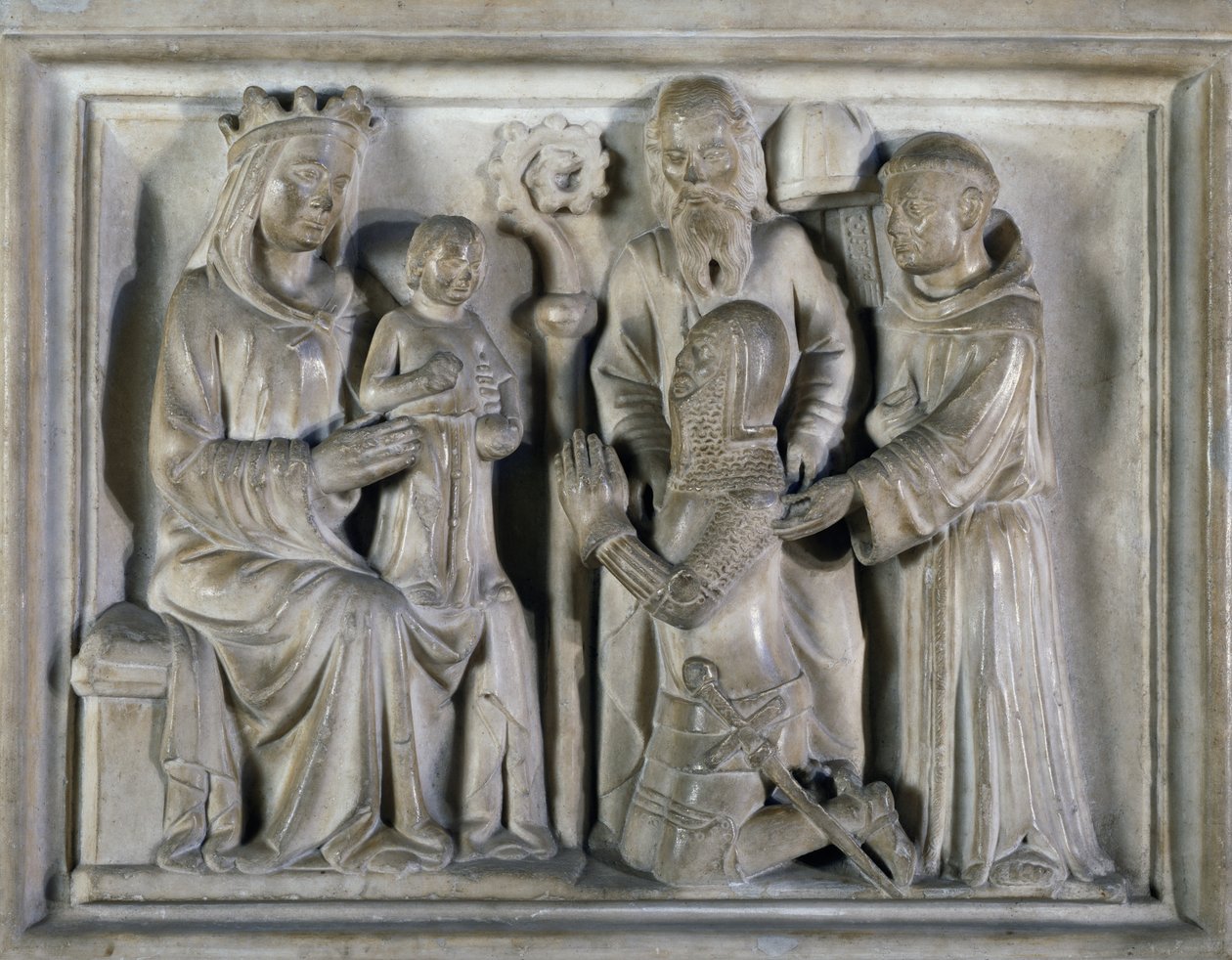 Madonna mit Kind, mit einem Krieger und Heiligen, Relief von den Meistern von Campione. Italien von Italian School