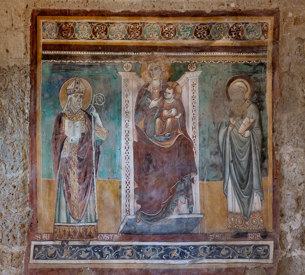 Thronende Madonna mit den Heiligen Augustinus und Severus, Oratorium des Kreuzes, letztes Viertel des 13. Jahrhunderts von Italian School