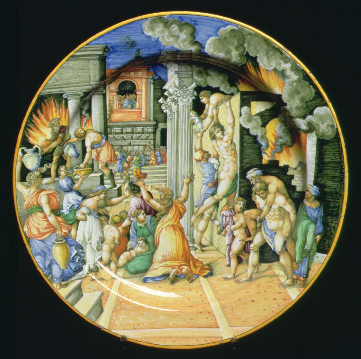 Majolikaplatte, die die Verbrennung von Troja darstellt, mit Aeneas, der seinen Vater Anchises auf dem Rücken trägt, und seinem Sohn Ascanius an seiner Seite, italienisch von Italian School