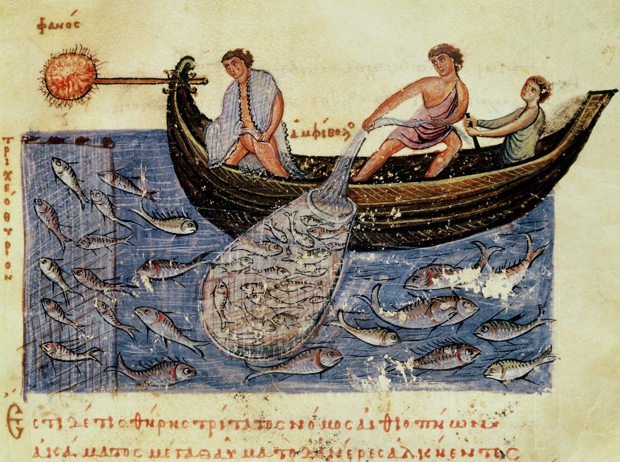 Ms Grec 479 Fischen mit einem Netz, Illustration aus der Halieutica von Oppian von Italian School
