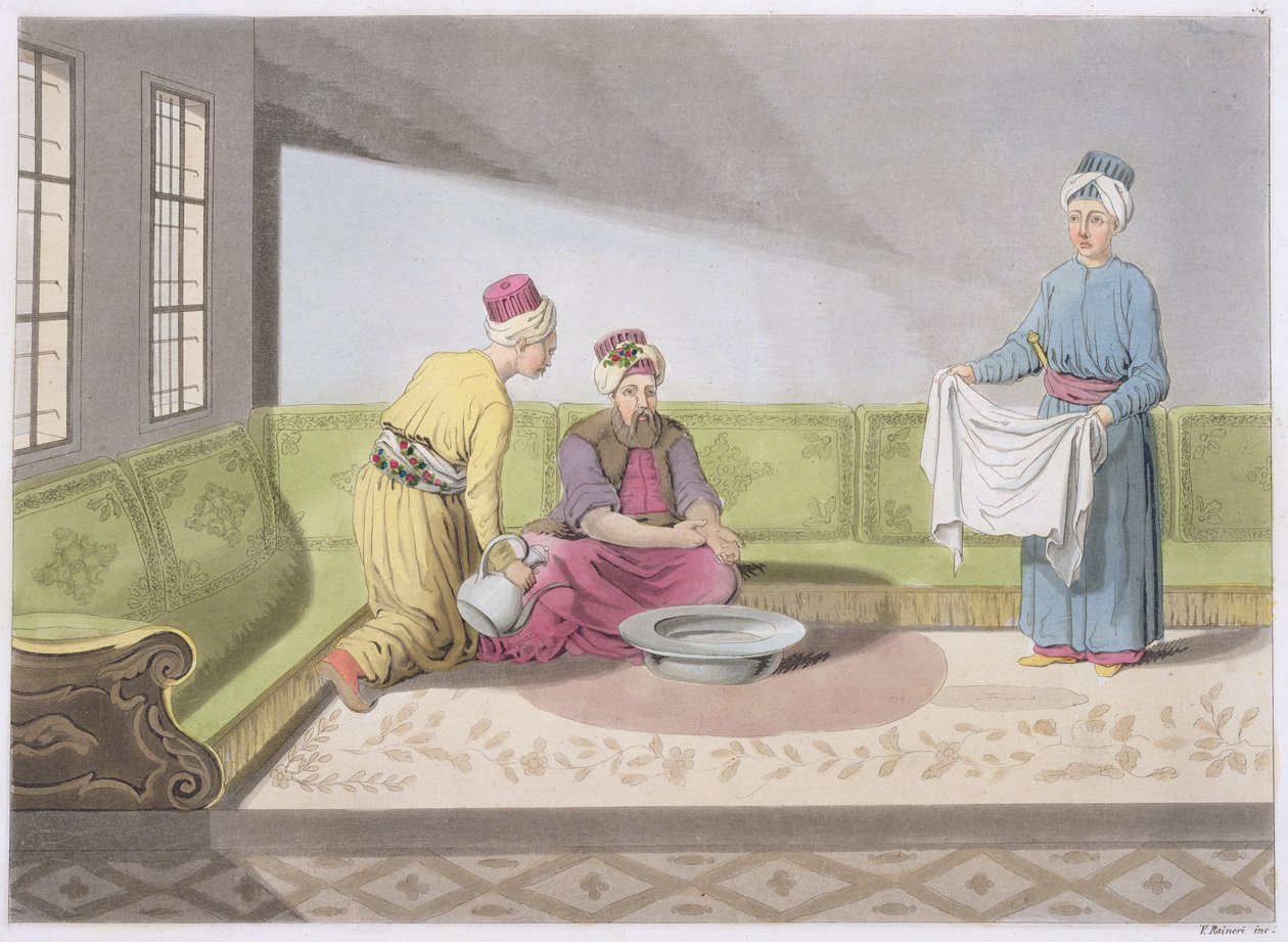 Muslim bei seinen Waschungen, Tafel 34 aus Teil III, Band I der Geschichte der Nationen, graviert von V. Raineri von Italian School