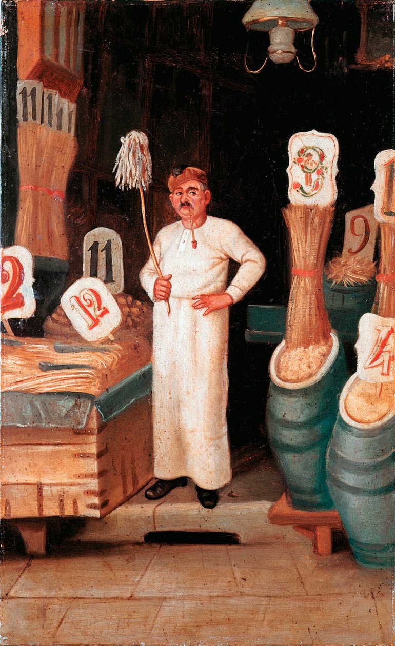 Altes Handwerk: der Laden des Pastaverkäufers. Anonyme Temperamalerei. 19. Jahrhundert. Museo Nazionale delle Paste Alimentari, Fondazione Agnesi, Rom von Italian School