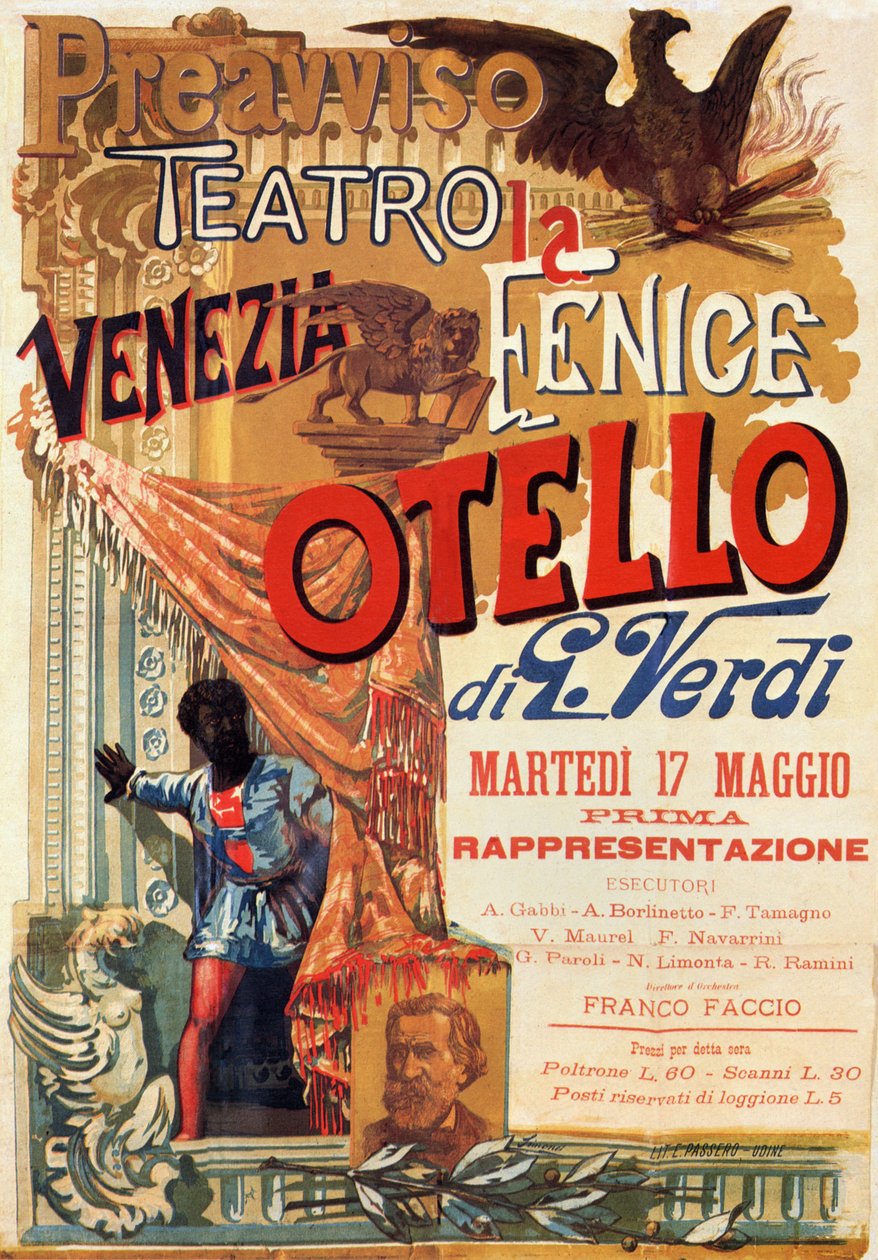 Otello: Plakat für die Uraufführung von Verdis Oper Otello im Teatro Fenice in Venedig von Italian School