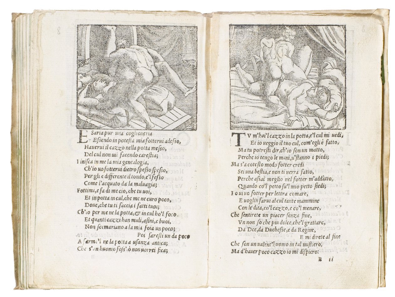 Seite aus "Sonetti Lussuriosi" von Pietro Aretino, illustriert von Giulio Romano und graviert von Marcantonio Raimondi, veröffentlicht in Venedig, ca. 1527 von Italian School