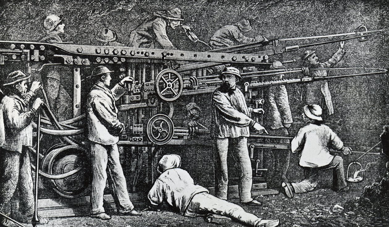 Pneumatische Gesteinsbohrmaschine von Giovanni Battista Piatti und Germano Sommeiller, Gravur von Italian School