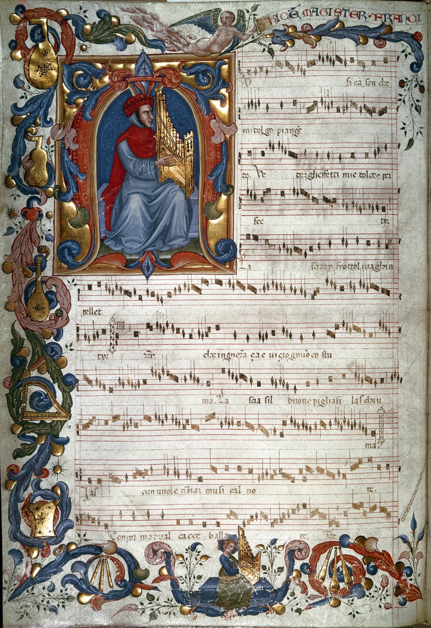 Porträt von Francesco Landino und eine musikalische Partitur, Illustration aus dem "Squarcialupi-Codex", um 1325-35 von Italian School