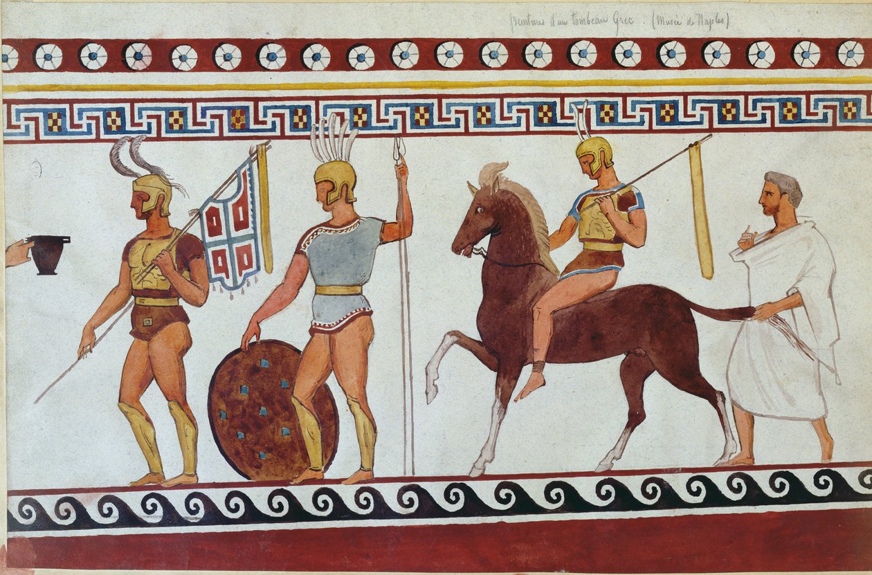 Rekonstruktion eines Grabgemäldes aus Paestum, das griechische Fußsoldaten und Kavallerie darstellt von Italian School