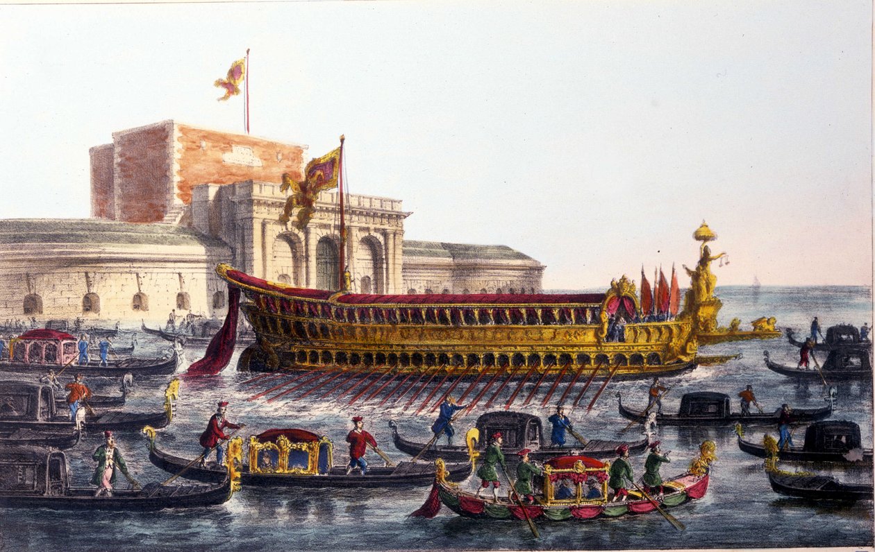 Darstellung des Bucentaur. (Bucentoro) Am Himmelfahrtstag überquerte der Doge die Lagune von Venedig, um die Mündung des offenen Meeres an Bord eines Schiffes namens Bucentaur zu erreichen von Italian School