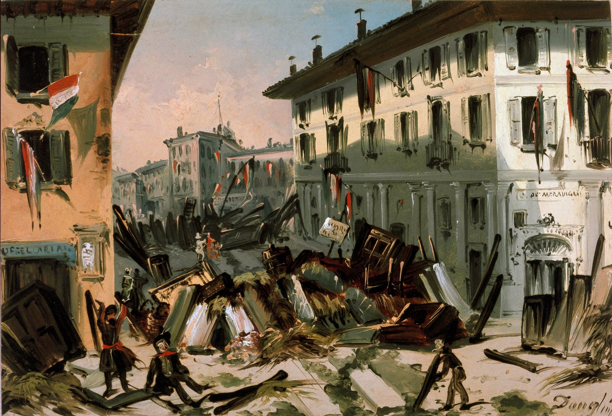 Revolutionen von 1848, Fünf Tage von Mailand: Barrikaden auf dem Corso de Porta Vercellina am 22. März von Italian School