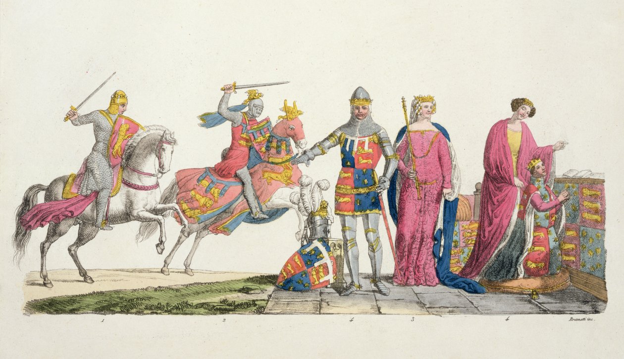 Richard Löwenherz, John of Gaunt, Eduard III., Joan Plantagenet und Philippa von Hennegau, Tafel 9 aus Die Geschichte der Nationen (Aquatinta) von Italian School