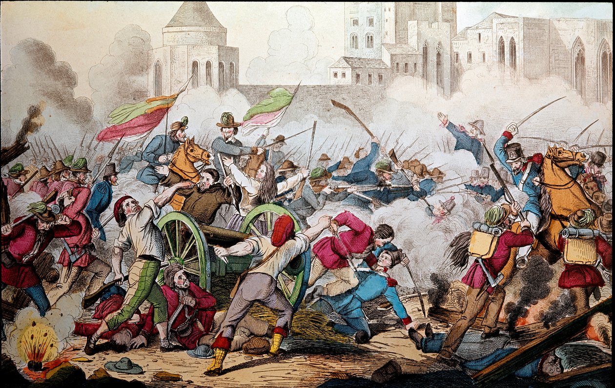 Risorgimento: Die Kämpfe von Palermo am 26. Mai 1860. Expedition der Tausend (rote Hemden). Giuseppe Garibaldi zwischen Palermo und dem aufständischen Volk. Gravur des 19. Jahrhunderts von Italian School