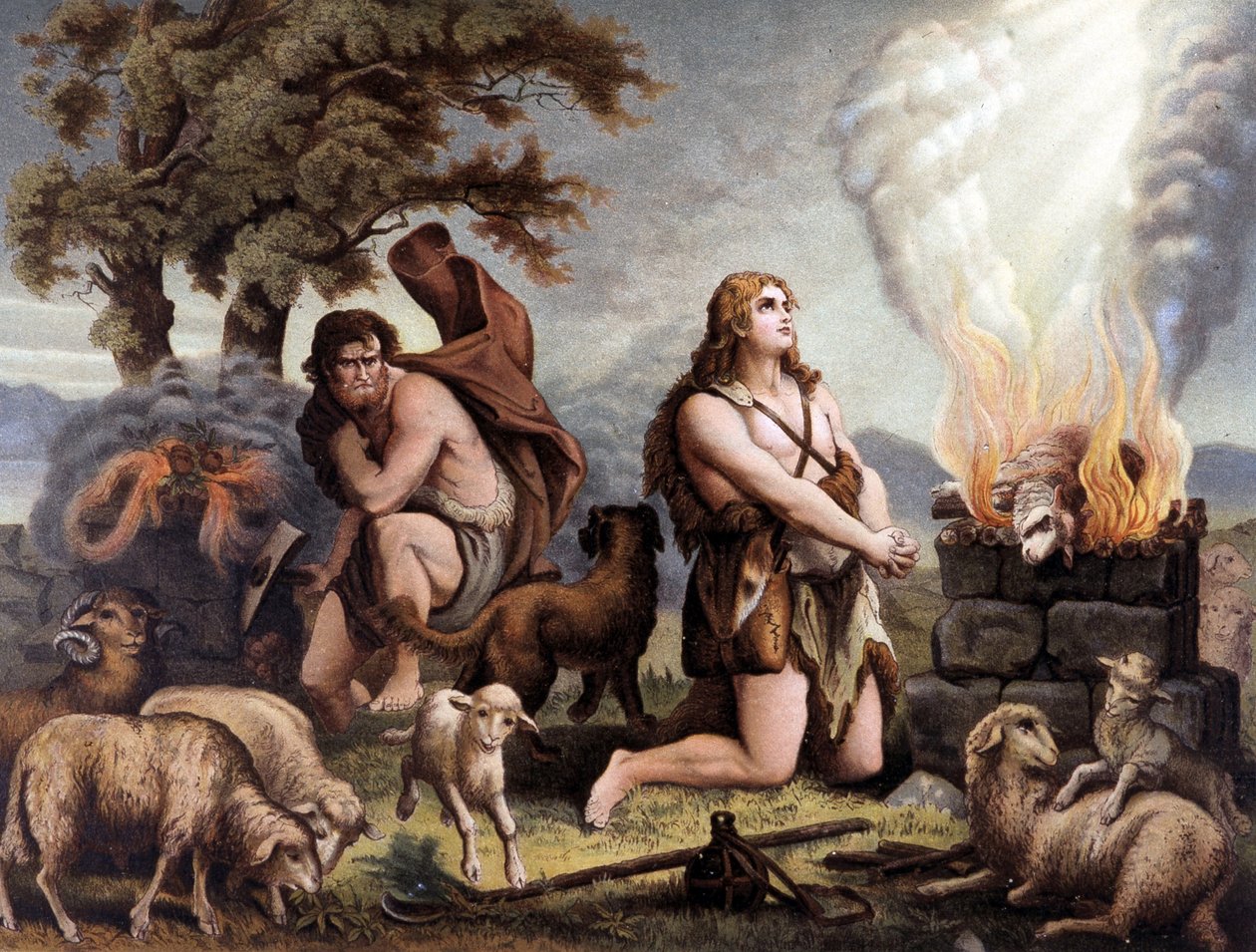 Die Anbetung des Lammes (Kain und Abel) - Kain und Abel (opfern ein Schaf) in „Aurea Bibbia classica: storia della rivelazione divina nell