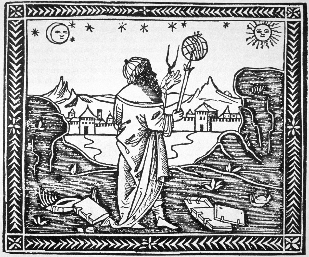 Der Astrologe Albumasar (787-885), Kopie einer Illustration aus seinem Introductorium in Astronomiam, Venedig 1506, verwendet in einer Geschichte der Magie, veröffentlicht im späten 19. Jahrhundert von Italian School