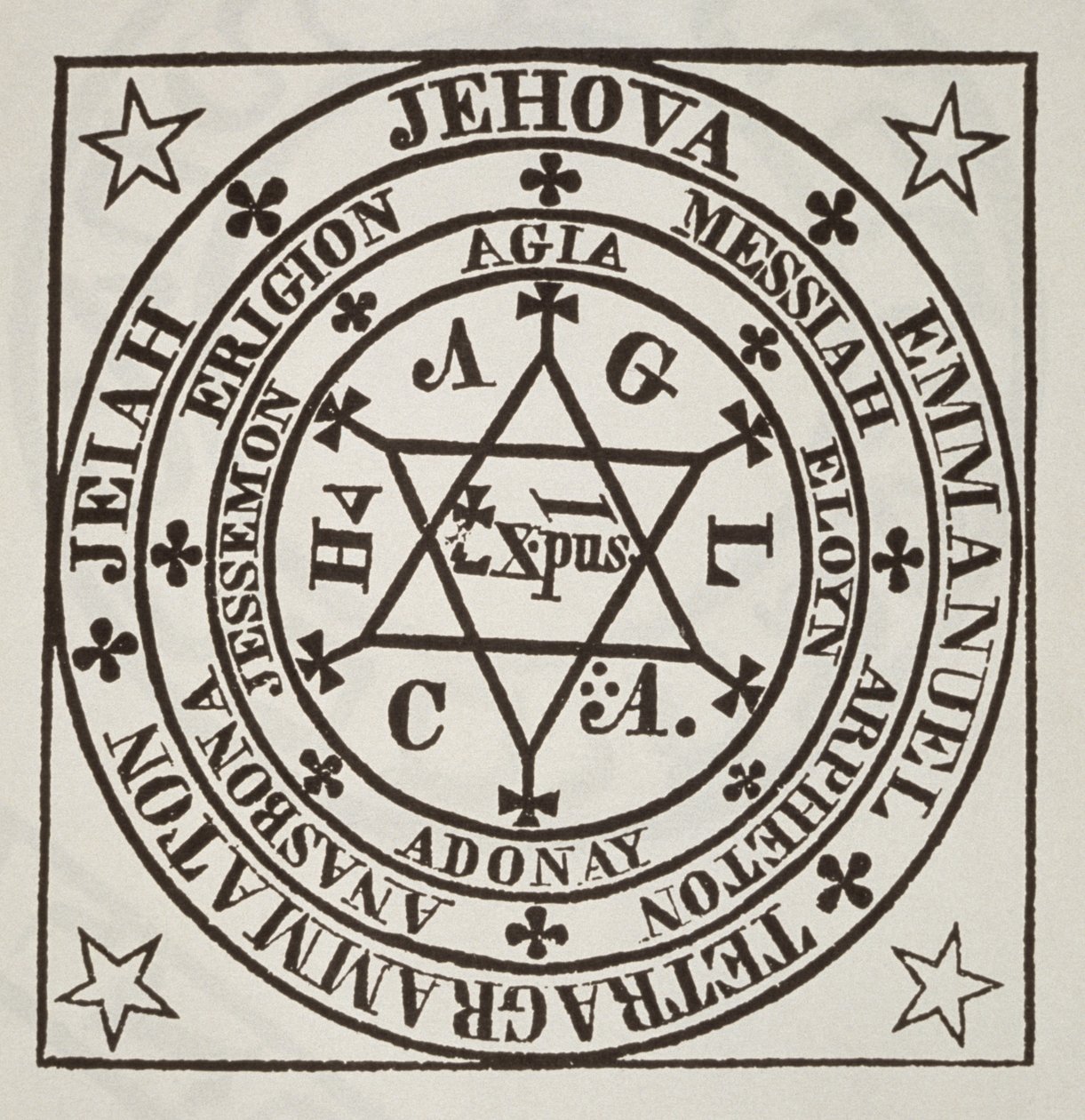 Der große magische Kreis von Agrippa zur Beschwörung von Dämonen, Kopie einer Illustration aus Les Oevres Magiques de Henri Corneille Agrippa, Rom 1744, verwendet in einer Geschichte der Magie, veröffentlicht im späten 19. Jahrhundert von Italian School