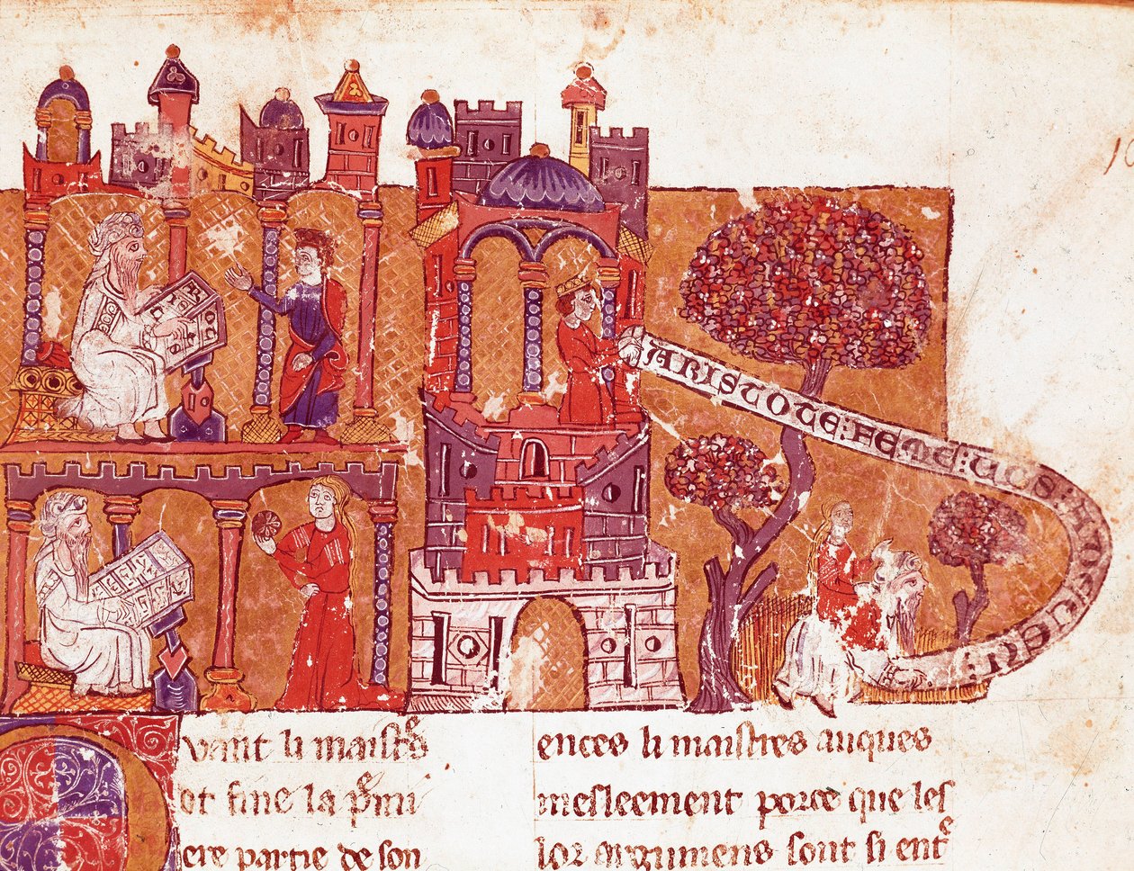 Der griechische Philosoph Aristoteles (383-322 v. Chr.) lehrt seine Schüler Moral und Verachtung für Frauen. Miniatur aus einem italienischen Manuskript des 14. Jahrhunderts. Bibliotheque Inguimbertine Municipal de Carpentras. von Italian School