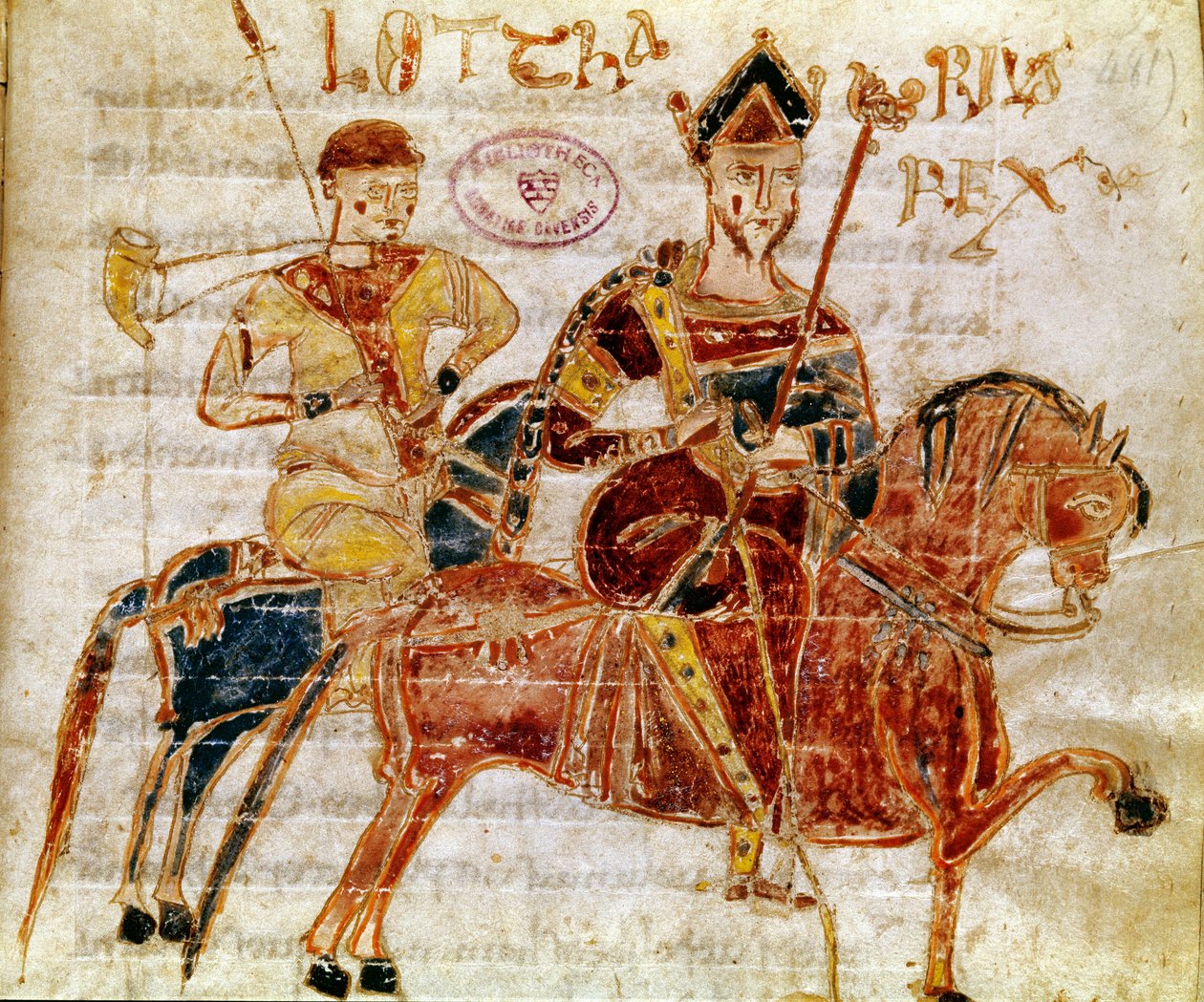 Der König der Franken und dann Lothar I. (9. Jahrhundert). Miniatur aus „Codex Legum Longobardorum“ (oder Langobardorum), das die Gesetze des Langobardenreichs beschreibt, das von König Rothari etabliert wurde von Italian School