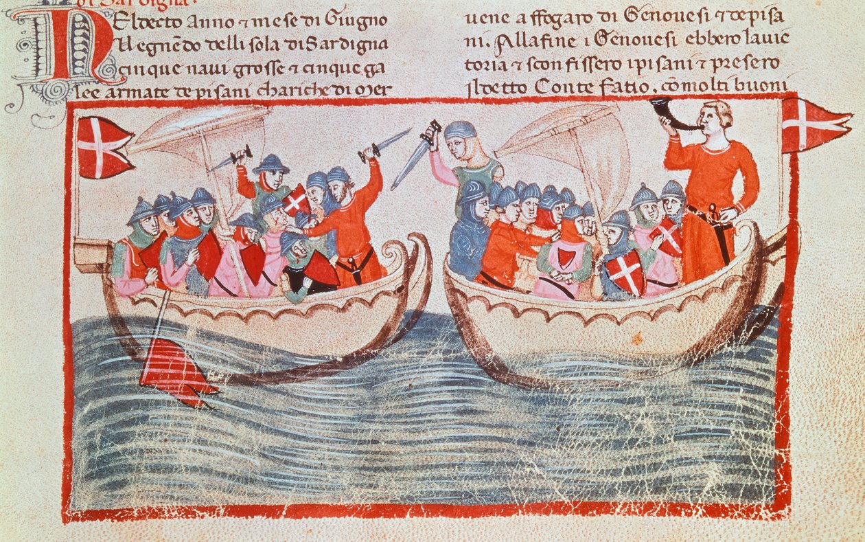 Die Schlacht von Meloria, Miniatur aus den Neuen Chroniken von Giovanni Villani, Italien, 14. Jahrhundert von Italian School