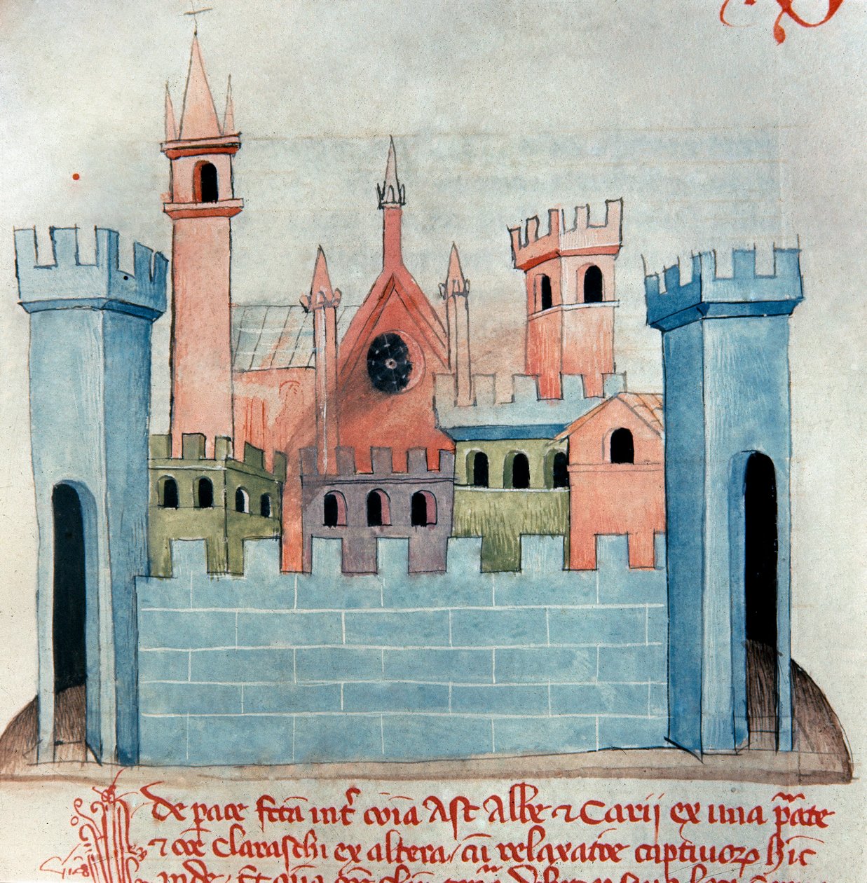 Die Stadt Cherasco (Querasque) in der Provinz Coni im Piemont in Italien. Kirche und Mauer und Befestigungsturm der mittelalterlichen Stadt. Seite aus Codex Astensis oder Malabayla. Miniatur aus dem 13. Jahrhundert. Asti, Archivio Storico Comunale von Italian School
