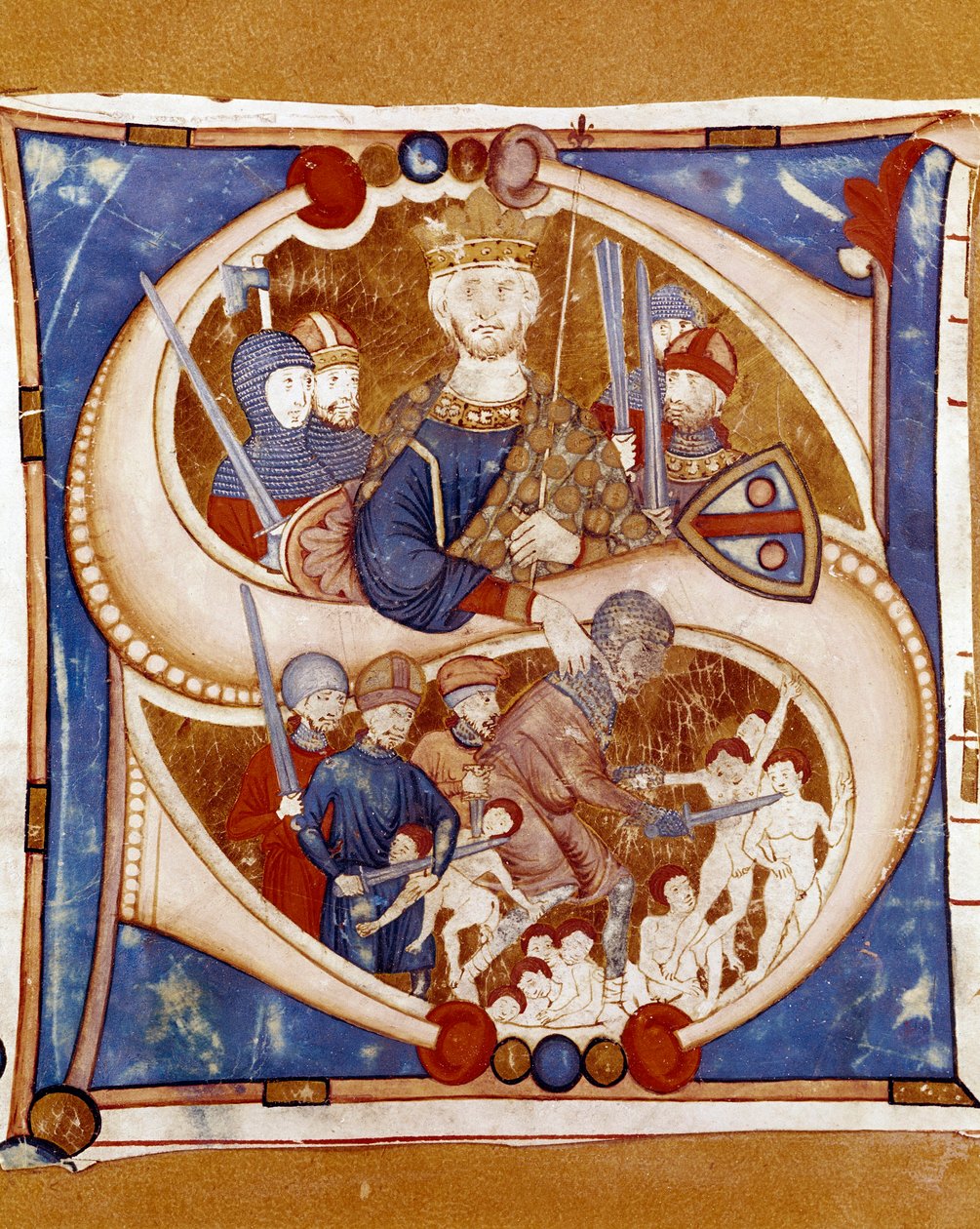 Das Massaker der Unschuldigen König Herodes I. der Große (73-4 v. Chr.) befiehlt das Massaker der Neugeborenen von Bethlehem. Illuminierte Initiale eines Manuskripts aus der Schule von Umbrien von Italian School