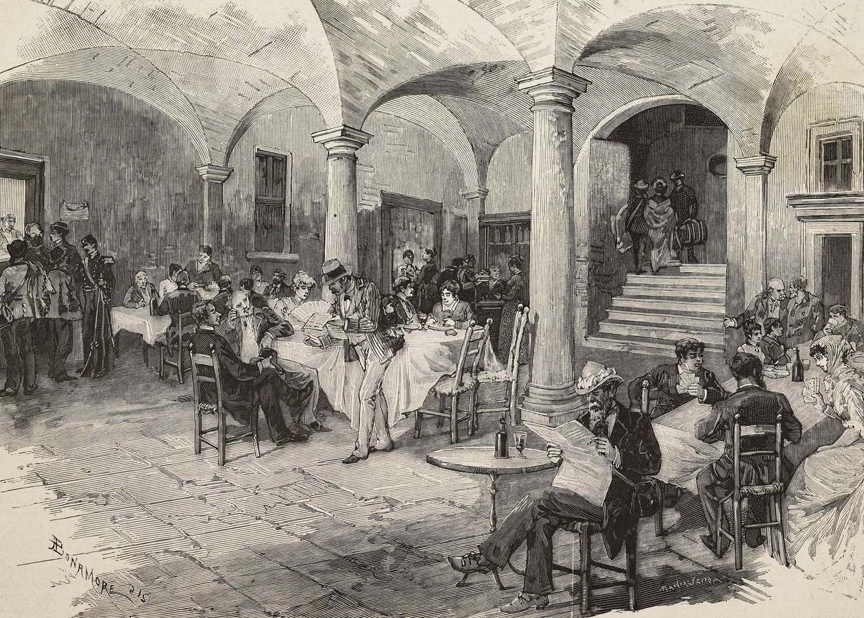 Dritte-Klasse-Passagiere und Erste-Klasse-Passagiere in Quarantäne, Desinfektion des Gepäcks, Quarcino-Schloss, an der Schweizer Grenze, Cholera-Epidemie, Italien, Gravur von Mancastropa nach einer Zeichnung von Bonamore, aus L