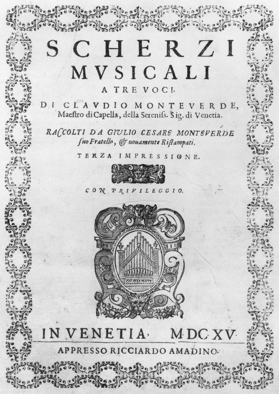 Titelseite von Scherzi Musicali von Claudio Monteverdi (1567-1643) 1615 von Italian School