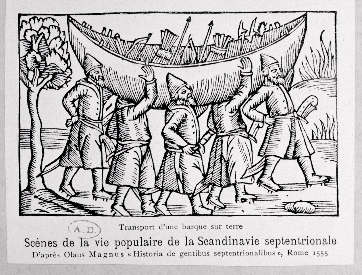 Wikinger tragen ein Boot nach Russland, Illustration aus Historia de Gentibus Septentrionalibus von Olaus Magnus (1490-1558), veröffentlicht in Rom, 1555 von Italian School