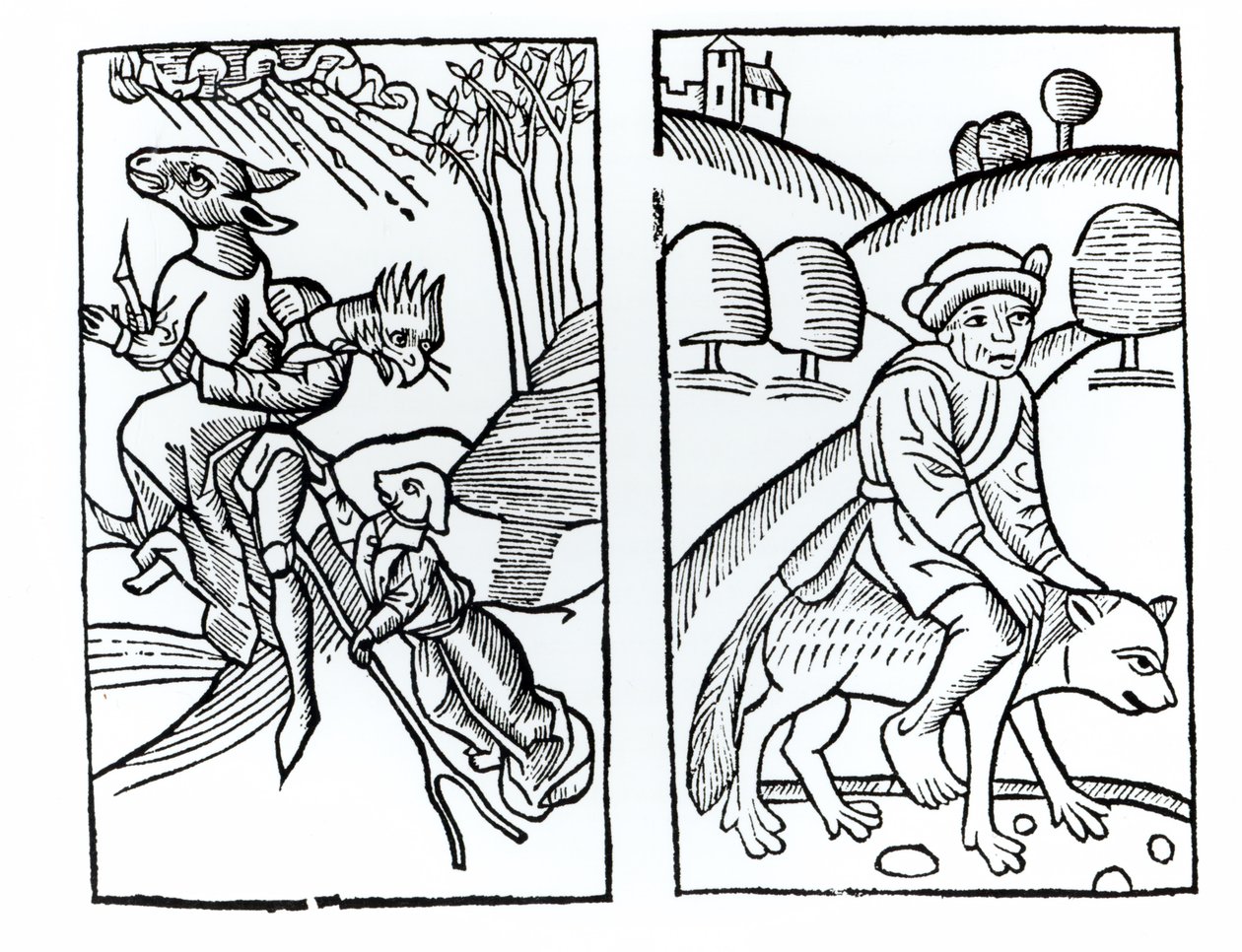 Hexen als Tiere verkleidet, die auf einem Besen reiten (links) und männliche Hexe, die auf einem Wolf reitet (rechts), Kopien von Illustrationen aus Compendium Maleticarum von Fr M Guaccius, Mailand 1608, verwendet in Geschichte der Magie von Italian School