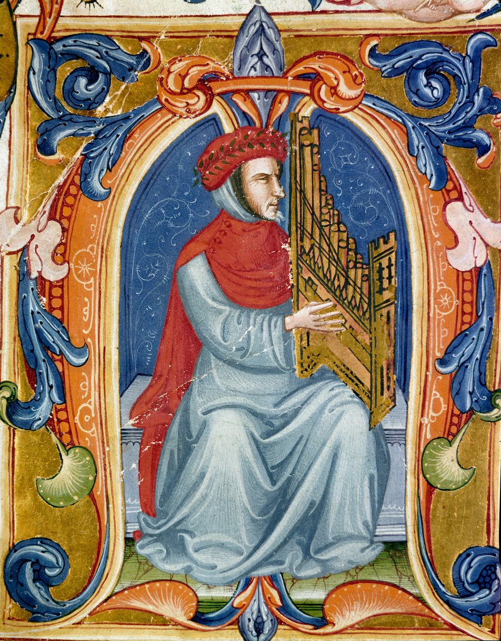 Porträt von Francesco Landini, der Orgel spielt (1325-1397), italienischer Komponist, Organist, Sänger, Dichter. Miniatur des Codex Squarcialupi des 15. Jahrhunderts. Florenz, Bibliothek Laurenziana, Ms. Med. Pal. 87. von Italian School