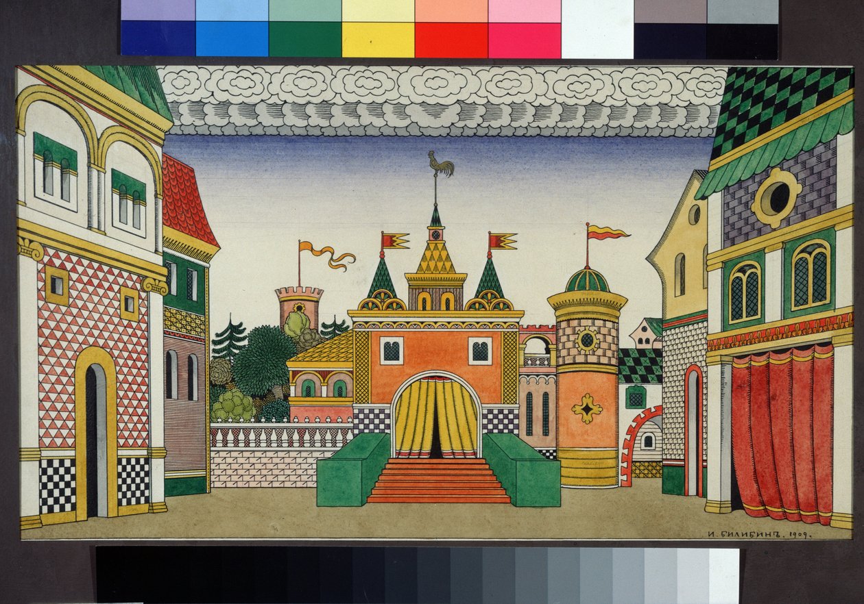 Vorzeichnung für das Bühnenbild der Oper Der goldene Hahn von N. Rimski-Korsakow von Ivan Yakovlevich Bilibin