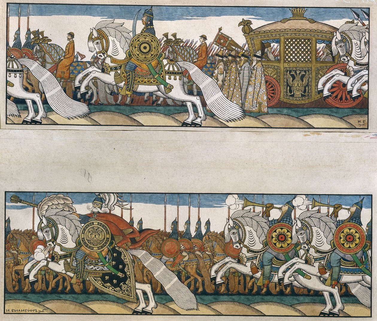 Die Armee des Zaren Dadon. Illustration für das Märchen Der goldene Hahn von Alexander Puschkin von Ivan Yakovlevich Bilibin