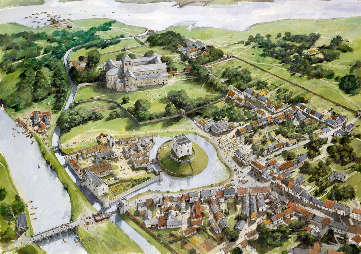 Luftaufnahme von Christchurch Castle, Hafen und Priorei am Ende des 12. Jahrhunderts von Ivan Lapper