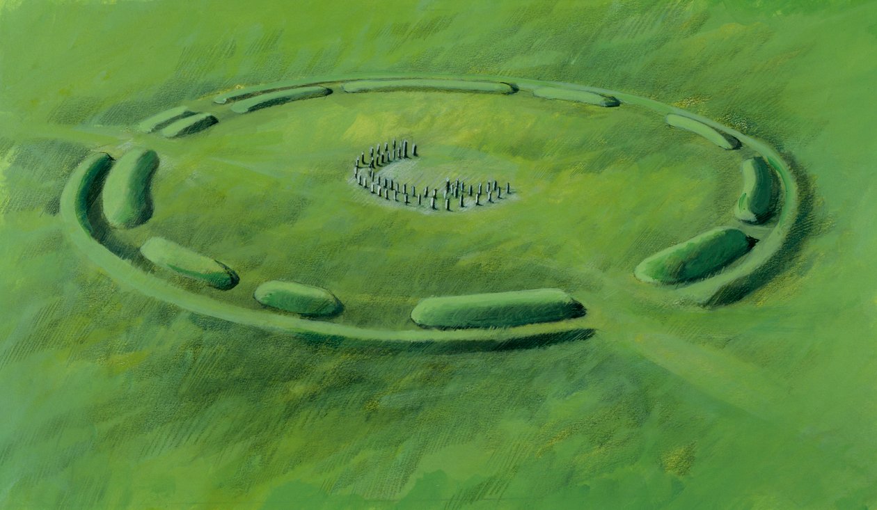 Stonehenge: dritte Phase mit der Aufstellung der Blausteine in einem doppelten Halbmond von Ivan Lapper