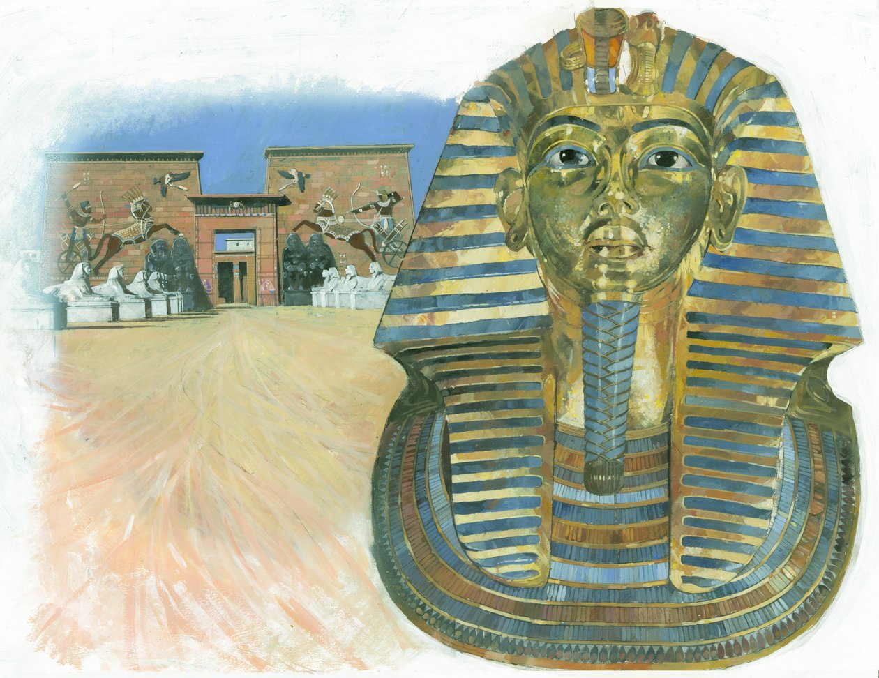 Die goldene Maske der Mumie des ägyptischen Pharaos Tutanchamun, mit einem alten ägyptischen Tempelkomplex im Hintergrund von Ivan Lapper