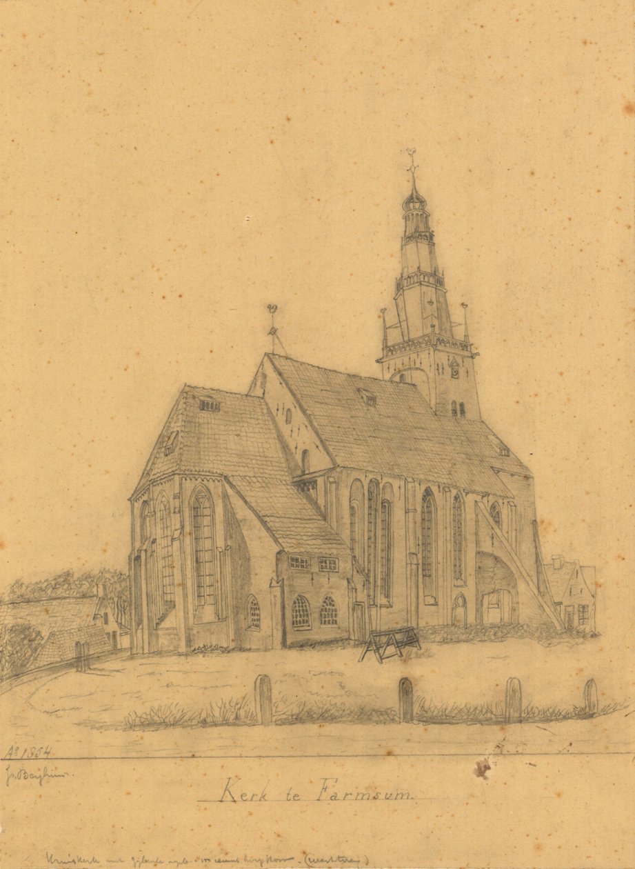 Zeichnung der alten Kirche von Farmsum vor dem Abriss des Turms im Jahr 1855 (und der Kirche im Jahr 1869) von J. Berghuis