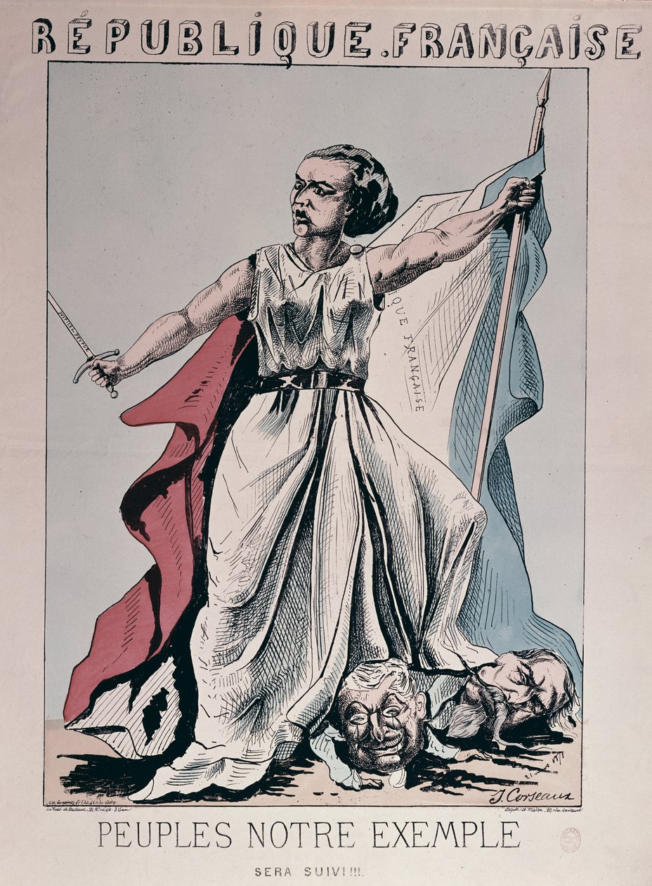 Personifikation der Französischen Republik als Louise Michel, die auf den Köpfen von Louis Adolphe Thiers und Napoleon III. herumtrampelt von J. Corseaux