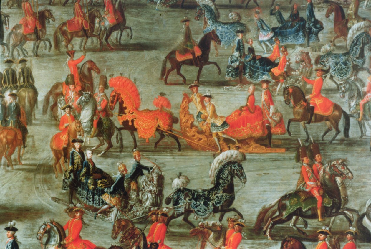 Die kaiserliche Schlittenfahrt anlässlich der Hochzeit von Kaiser Joseph II. von Österreich mit seiner zweiten Frau Maria Josepha von Bayern (Detail) von J.C. Auerbach