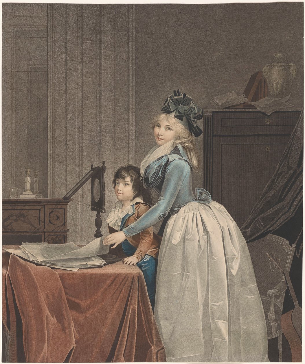 Porträt von Louise Sébastienne Gély mit Stiefsohn hinter einem Optikspiegel von J.F. Cazenave