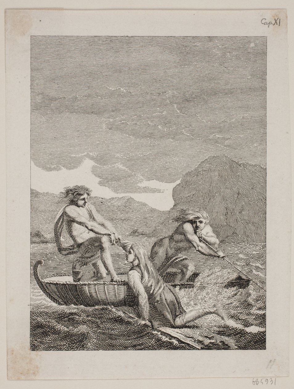 Der gestrandete Niels Klim wird von zwei Qvamiten in einem Weidenboot gerettet von J.F. Clemens