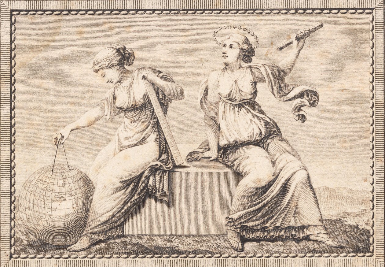 Urania und Gaea sitzen auf einem quadratischen Steinblock von J.F. Clemens
