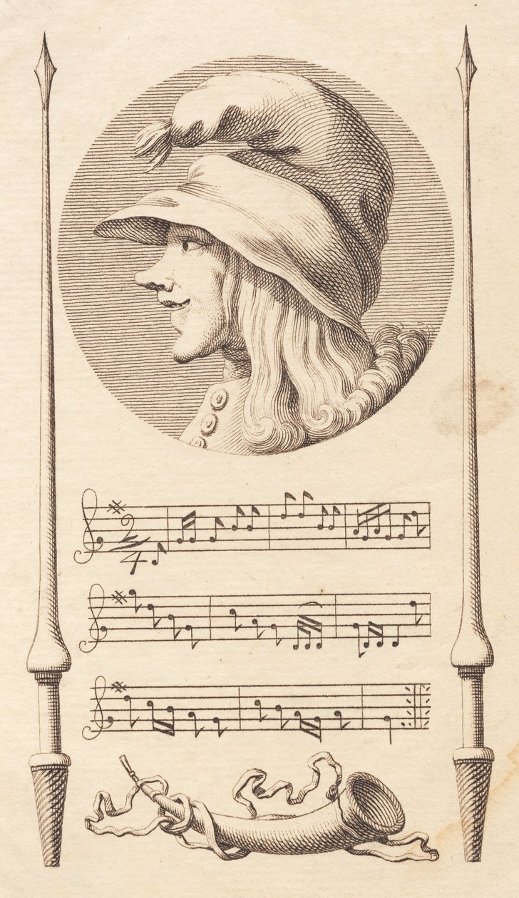 Vignette. Kopf eines Bauernjungen zwischen zwei Lanzen von J.F. Clemens