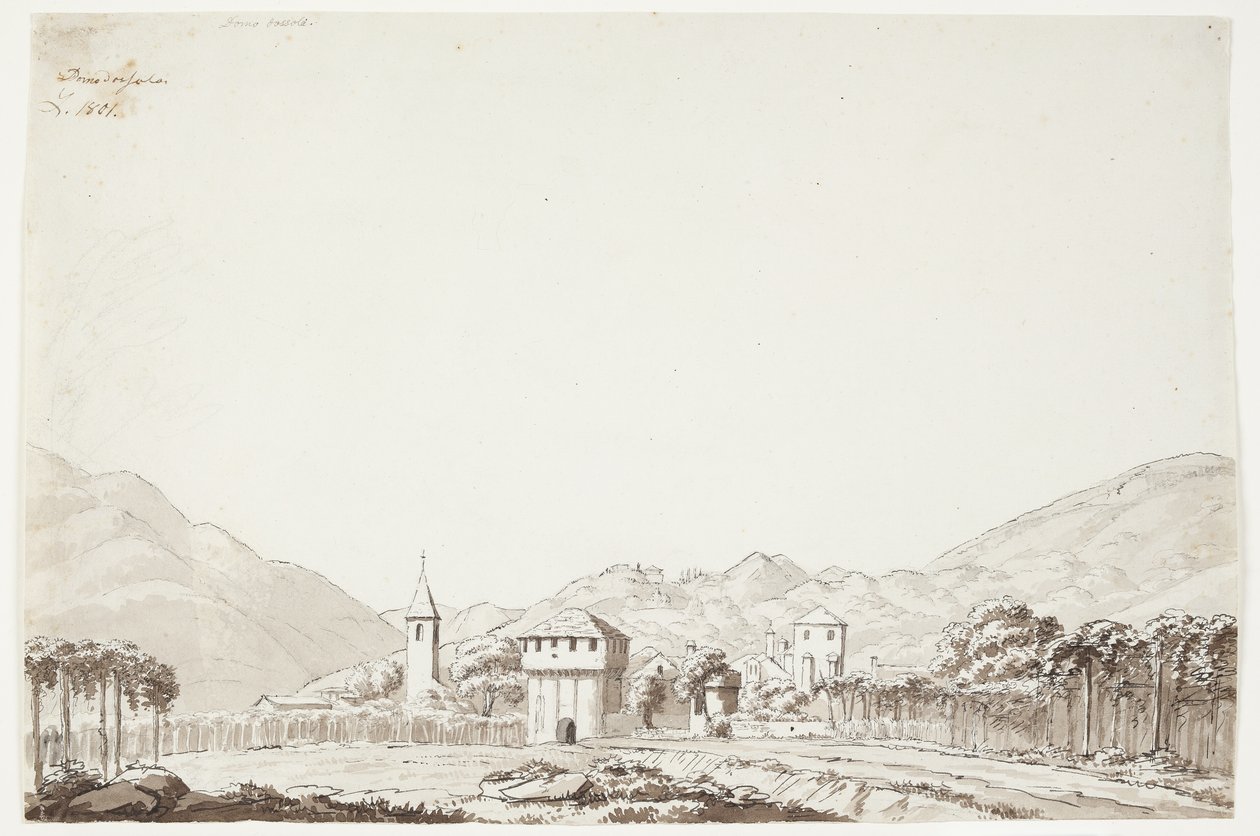 Landschaft von Domodossola in der Schweiz mit Kirche und Wachturm von J.L. Lund