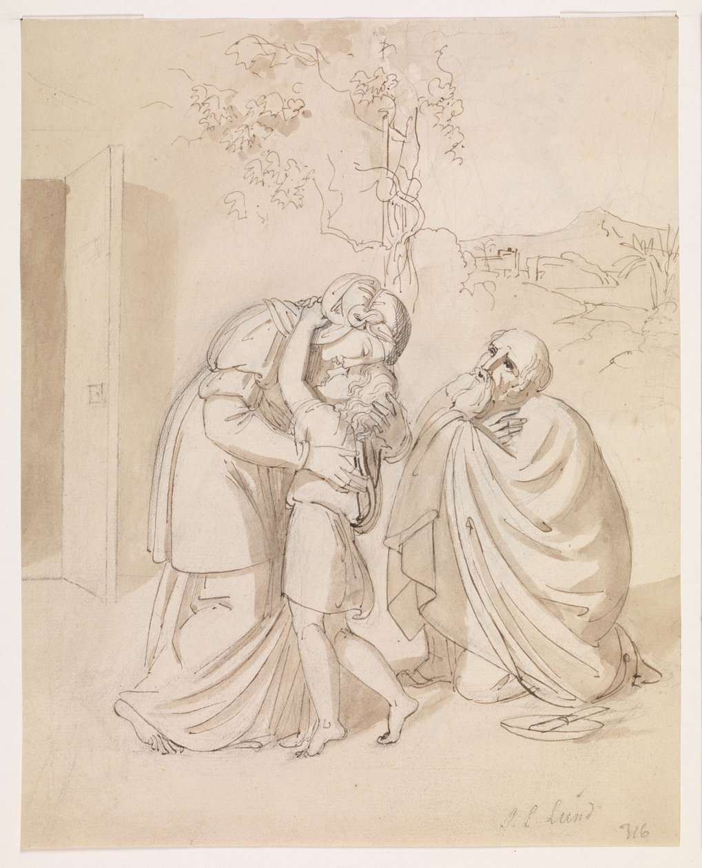 Sarah verabschiedet sich von Isaak, Abraham kniend von J.L. Lund