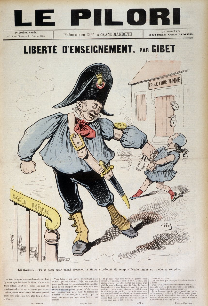 Freiheit des Unterrichts von Gibet: Die Wache - Du darfst schreien, Papa! Der Bürgermeister hat befohlen, die Laique-Schule zu füllen, und... sie wird gefüllt (Karikatur über die Laique-Schule), Titelblatt von „Le Pilori“ vom 31. Oktober von J.  Blass